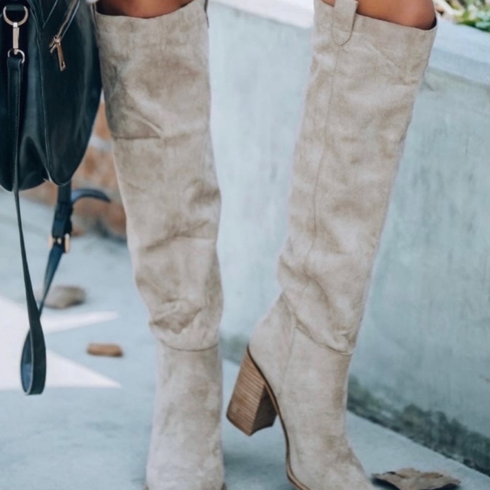 Vici Over the Knee Saint Suede Boots - Greige/Gray color.
